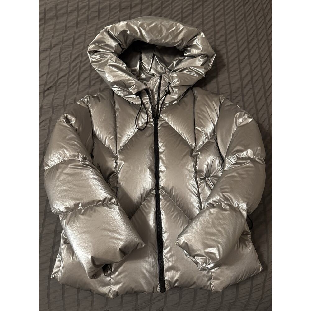 Moncler Frele Cropped Goose Down Puffer Jacket Metallic Silver Size 1/Small